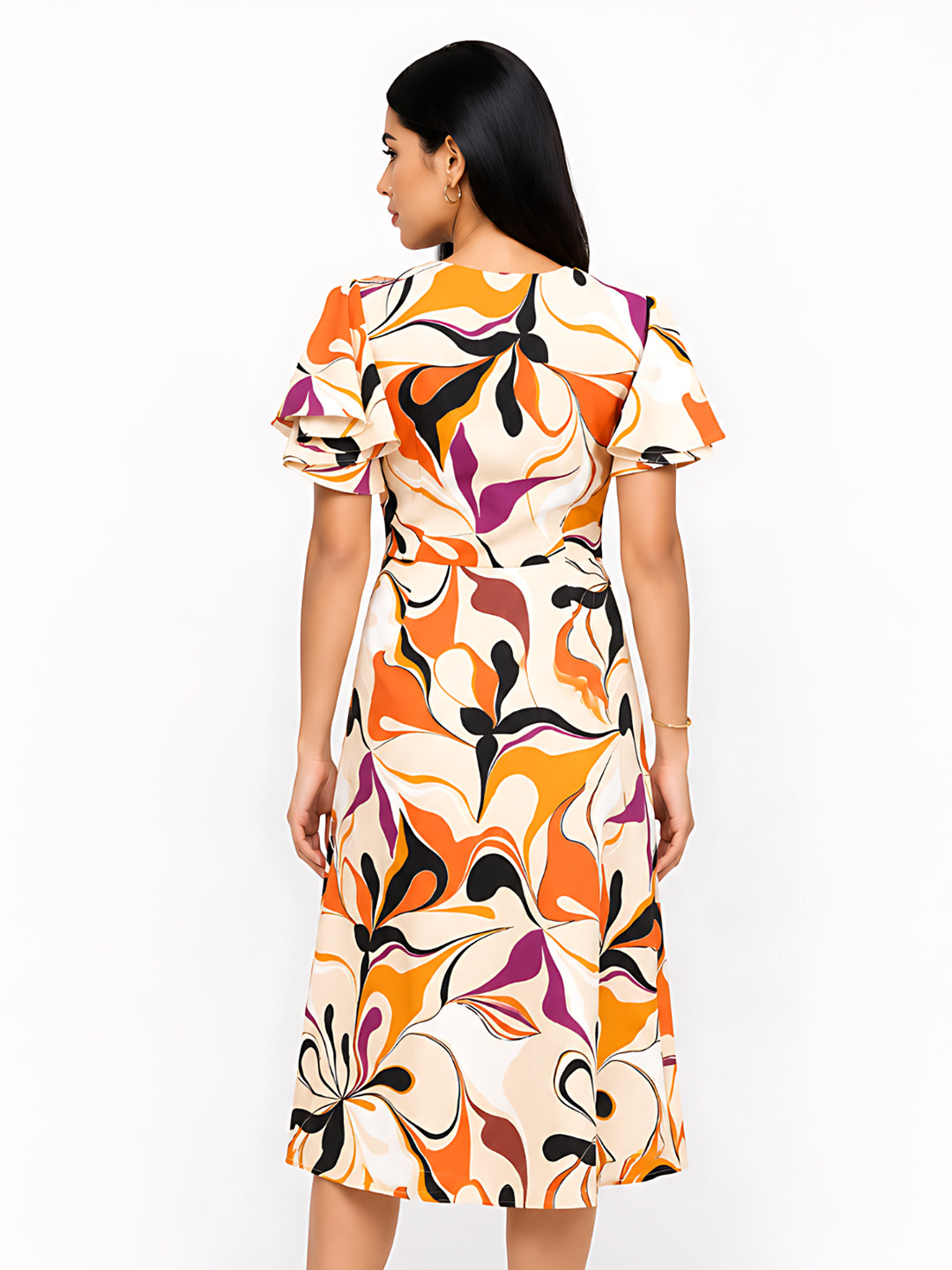 Beige Floral Straight Fit Midi Dress