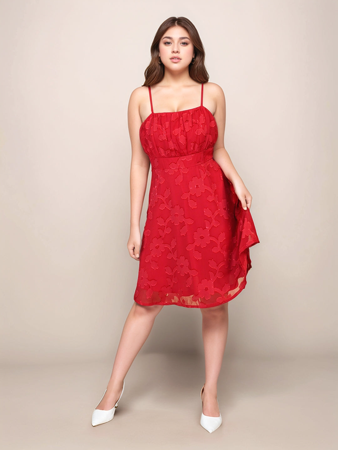 Crimson Red Textured Sleeveless Short Dress - Main Image