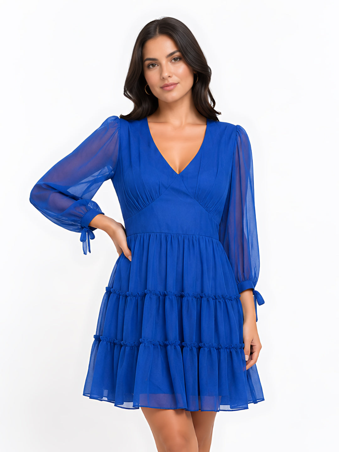Blue Iolite Solid V-Neck 3/4th Short Dress