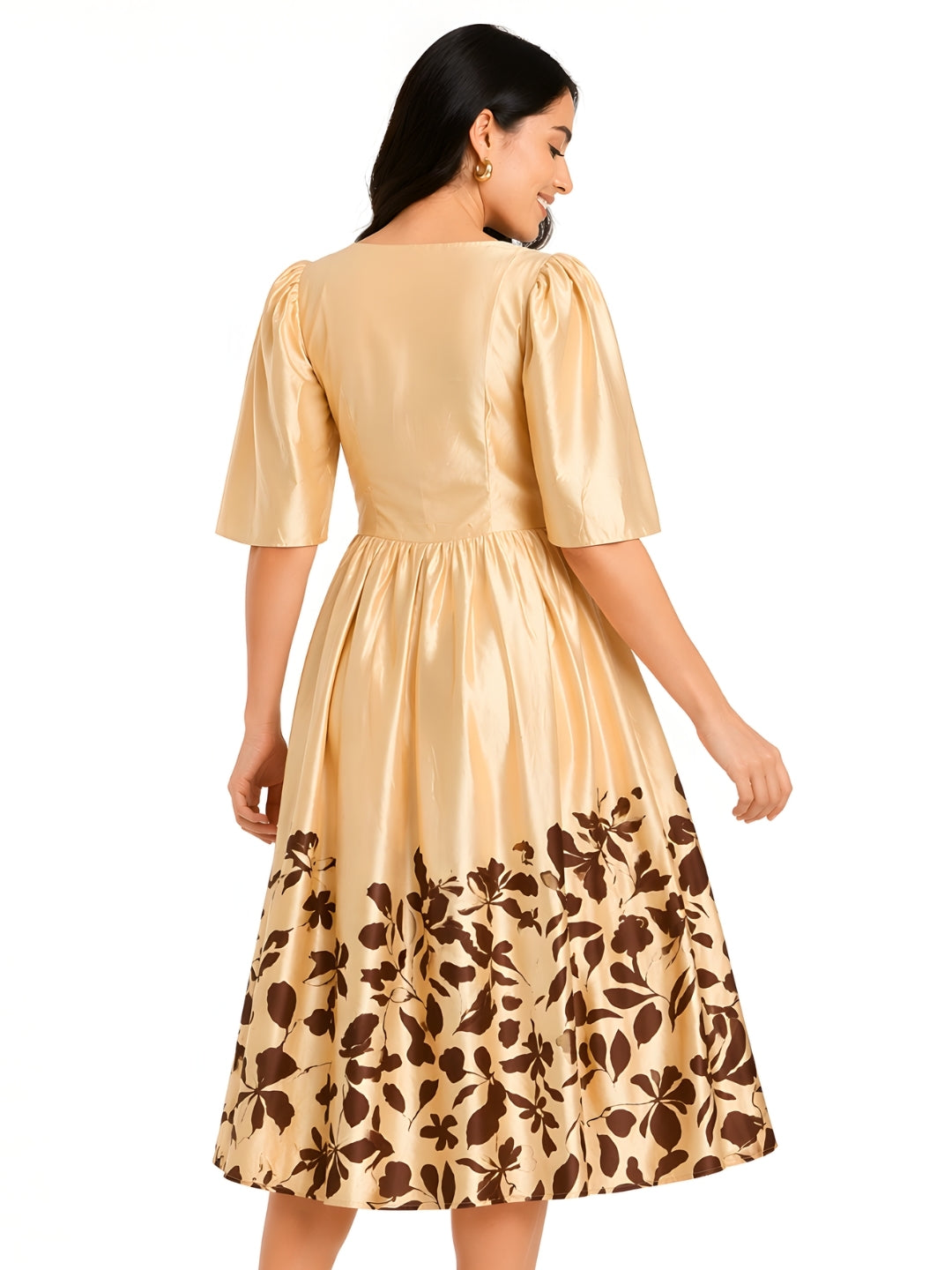 Beige Tropical Print V-Neck SHORT SLEEVES Midi
