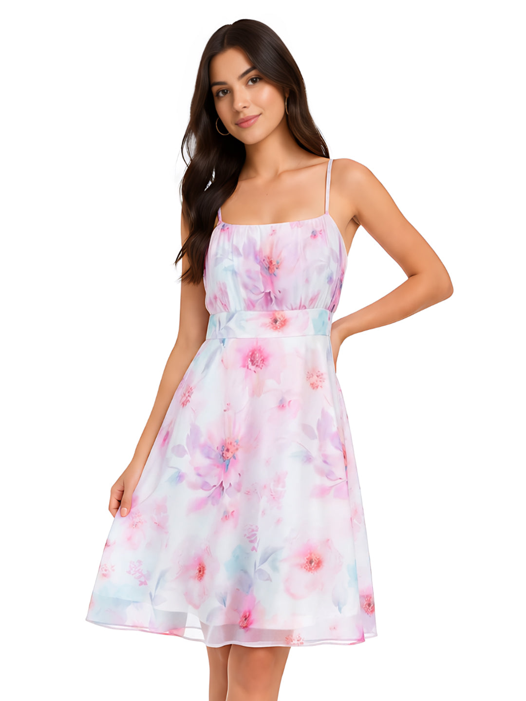 Multi Floral Square Neck Shoulder Straps Short Dress