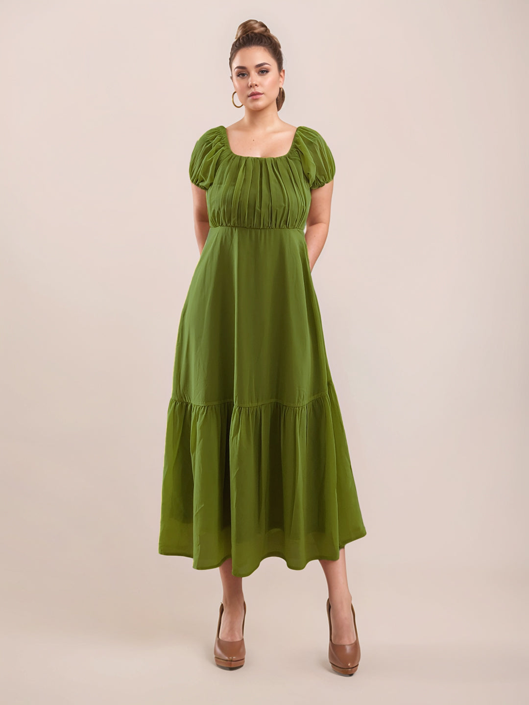 Kenna Green Hollow Half Sleeve Midi Dress