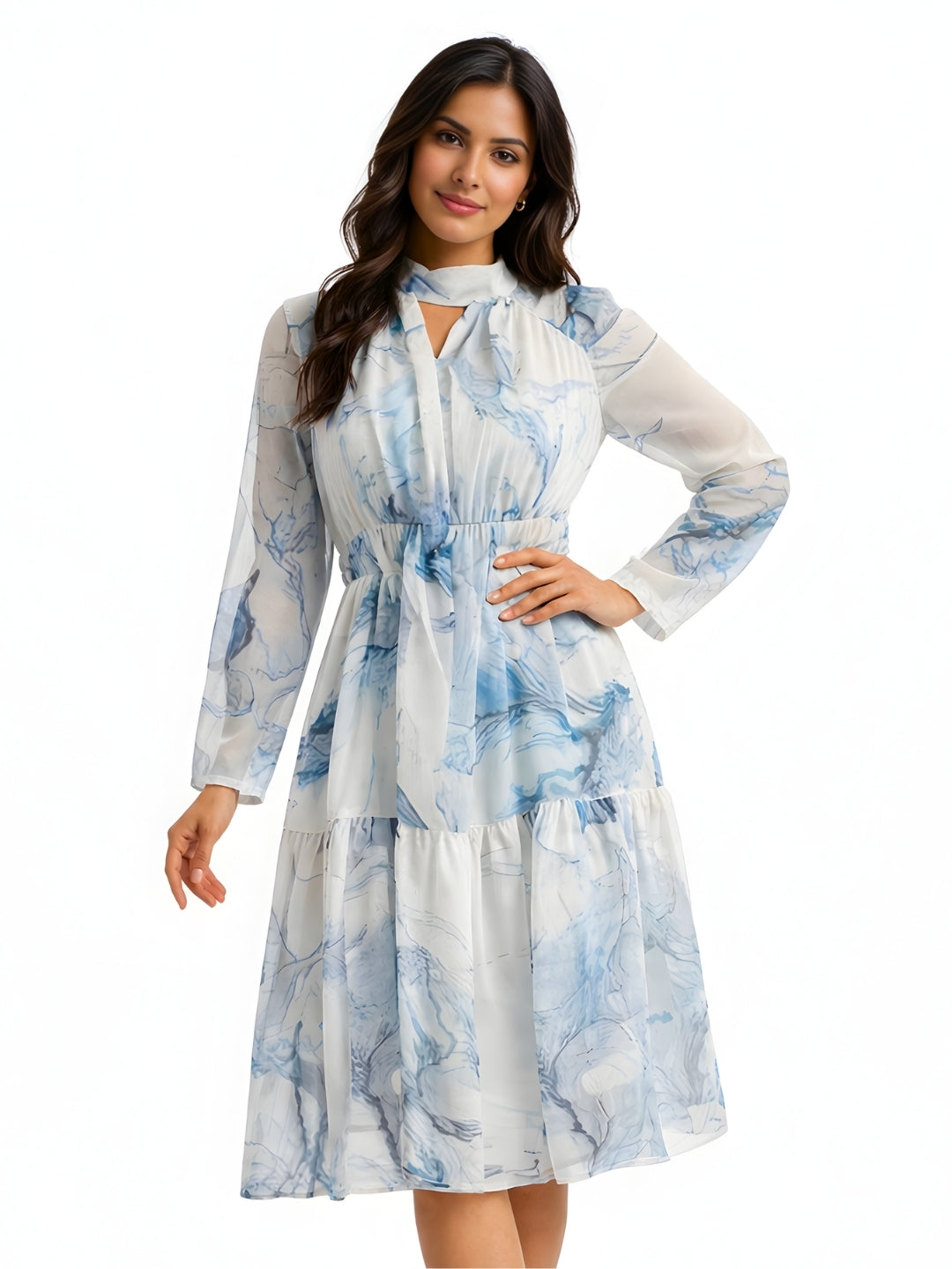 Multi-Colored Abstract Prints Long Sleeves Midi Dress