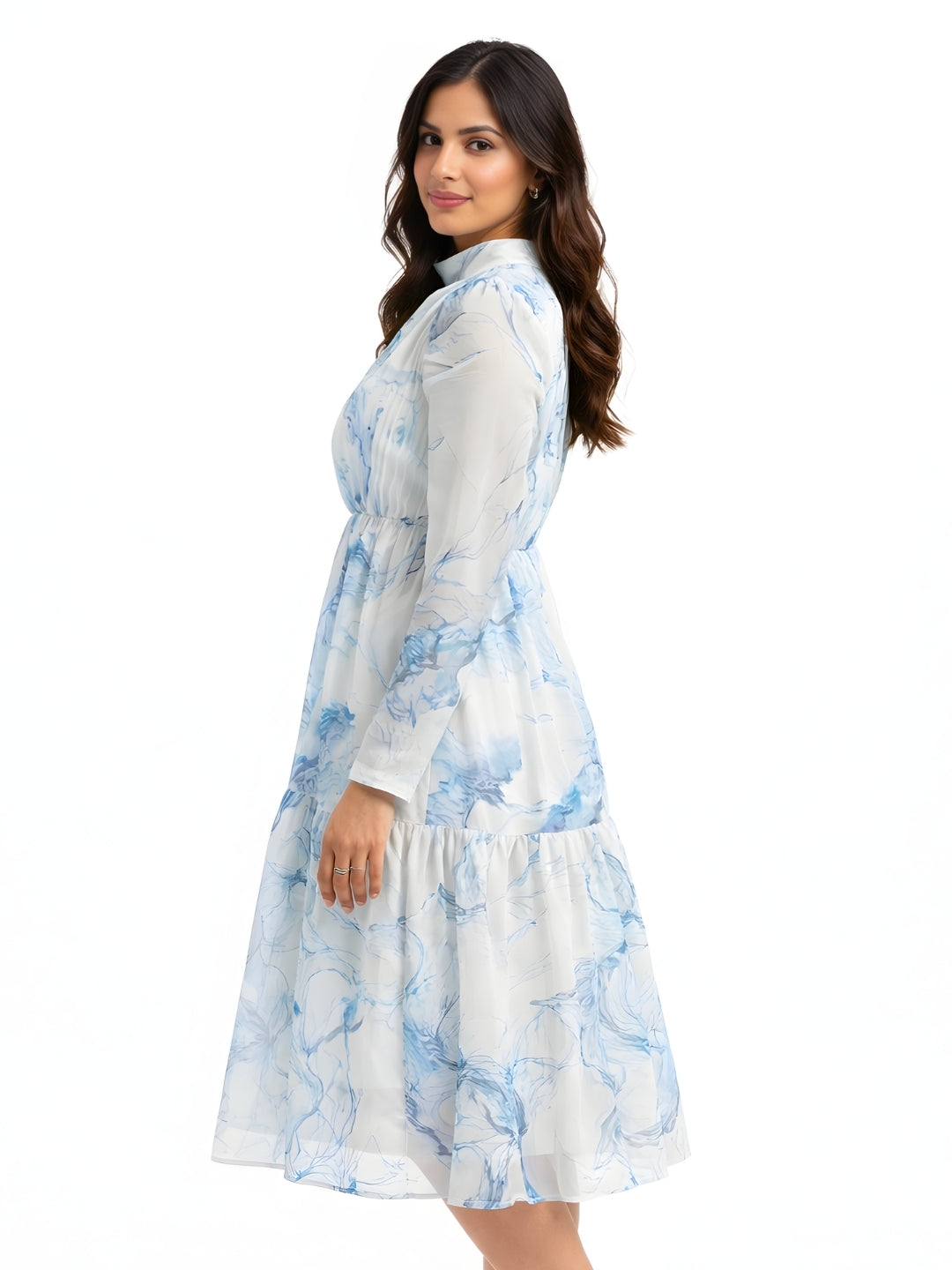 Multi-Colored Abstract Prints Long Sleeves Midi Dress