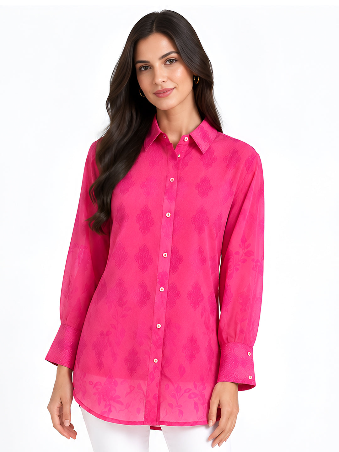 Pink Floral Long Collar Neck Loose Shirts