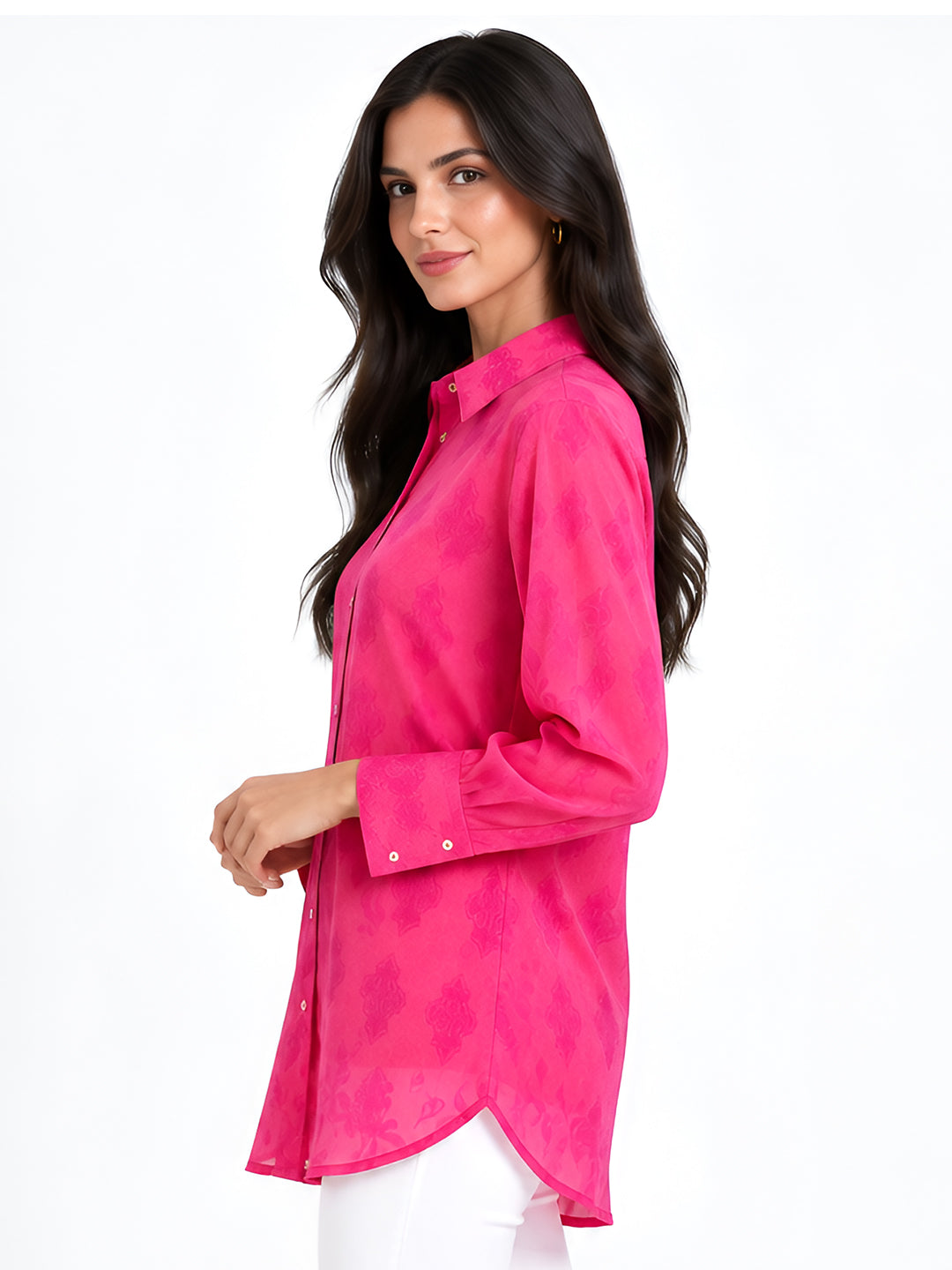 Pink Floral Long Collar Neck Loose Shirts