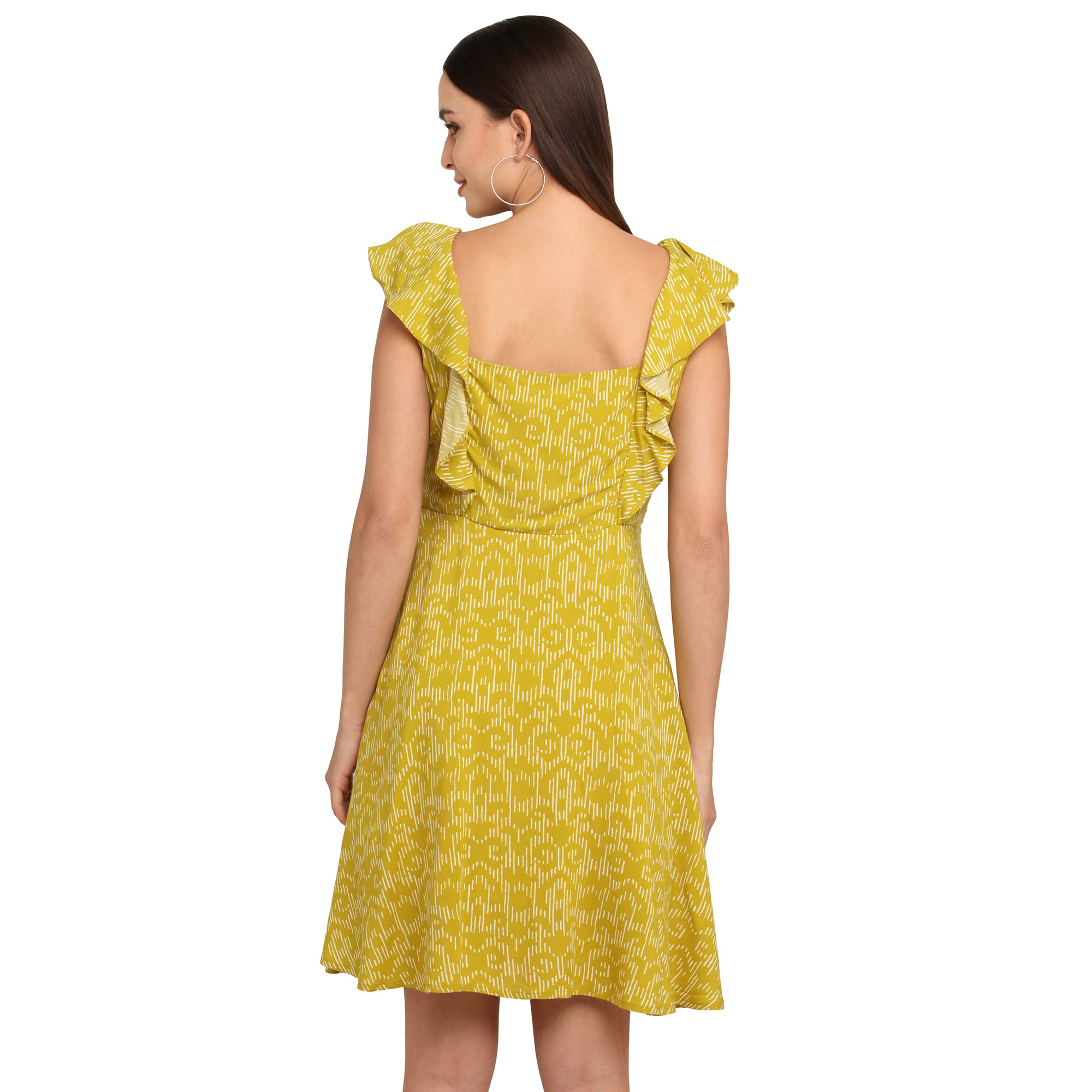 Yellow Printed Flared Sleeve Short Dress