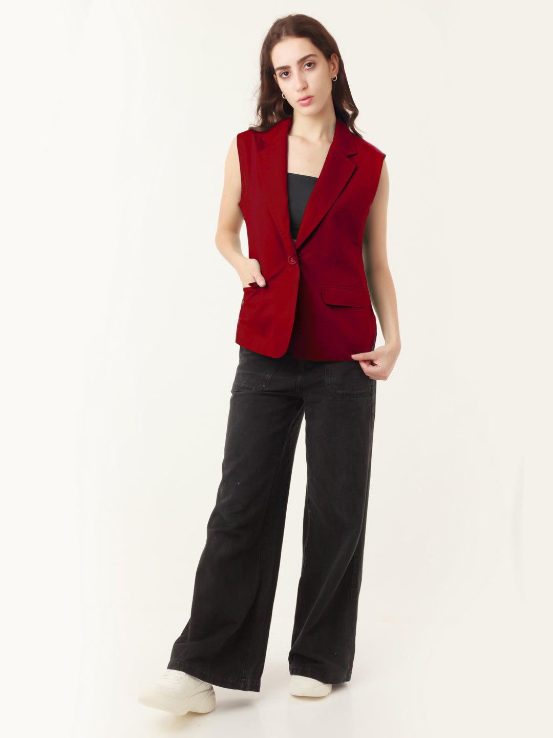 Red Solid Sleeveless Jacket