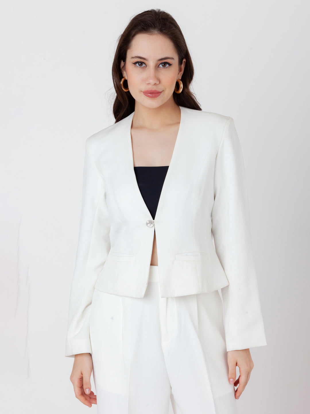 White Solid Single Breasted Blazer