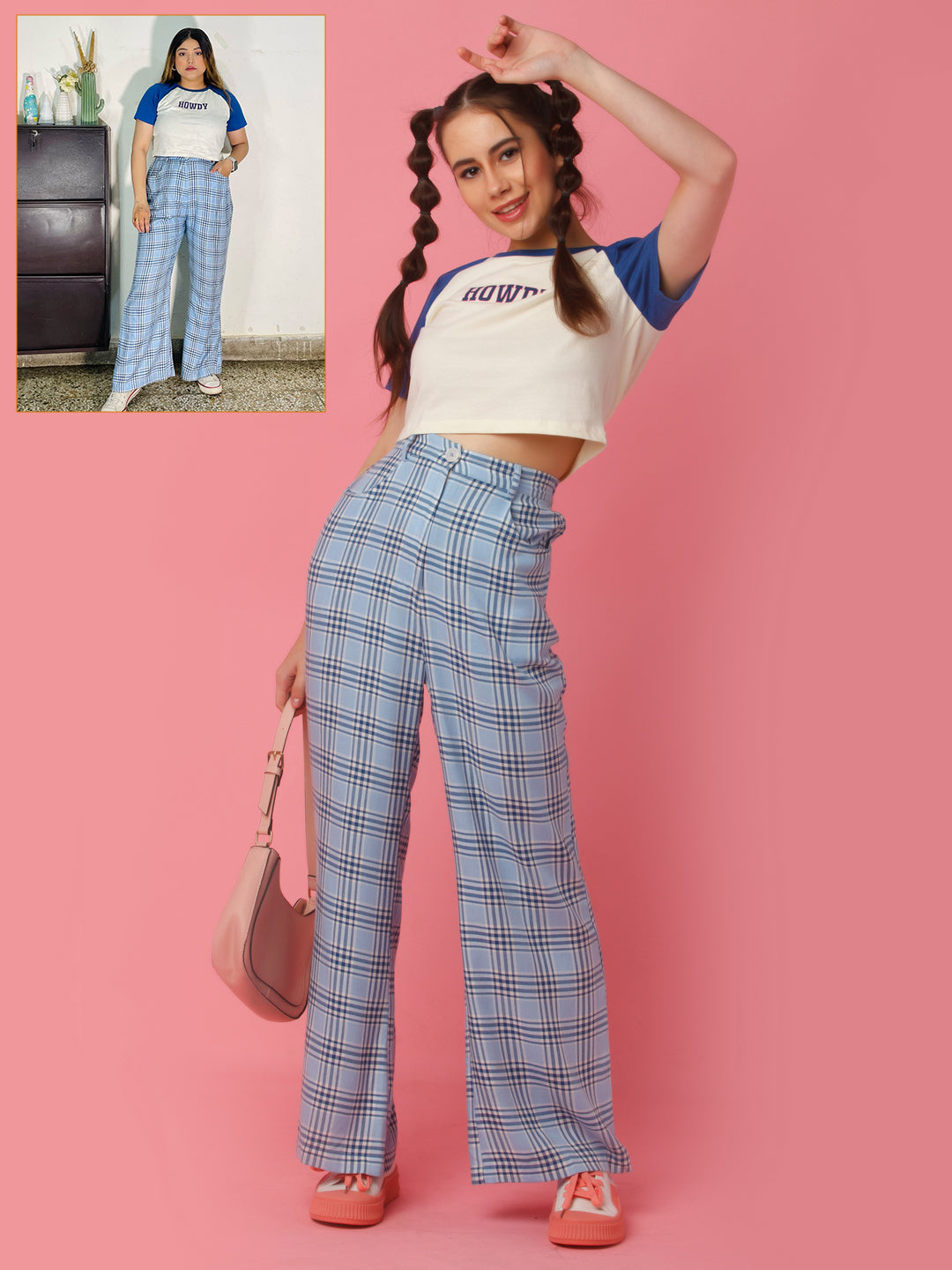 Blue Checked Wide Leg Trouser