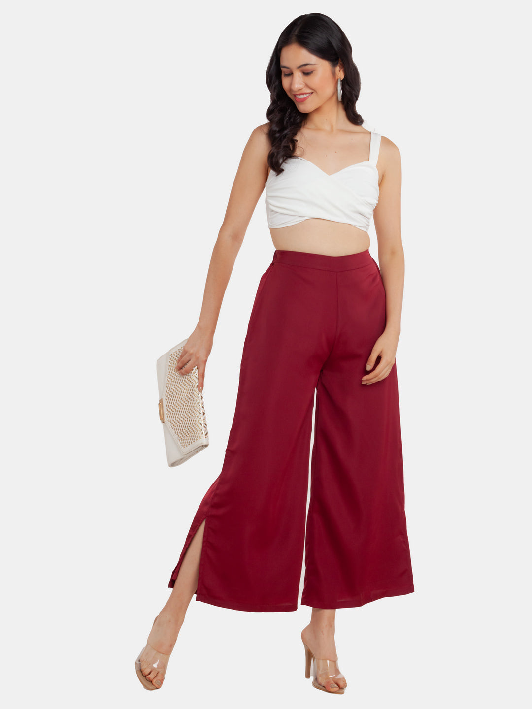 Maroon Solid High Waisted Trouser