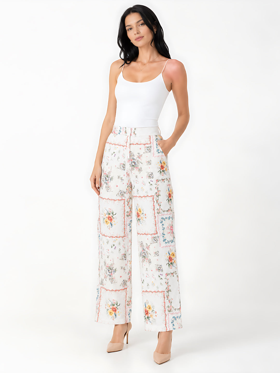 White Printed Straight Trouser
