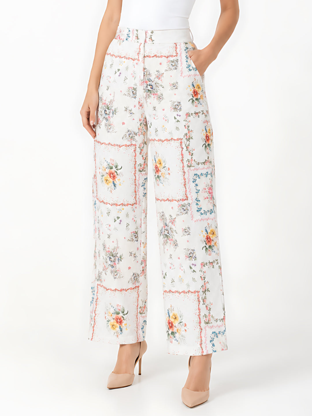 White Printed Straight Trouser