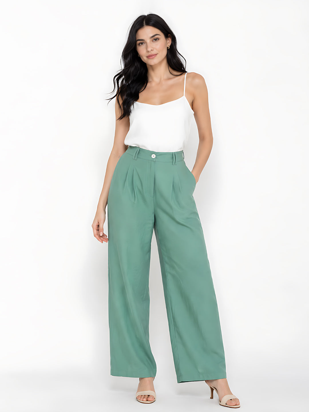 Green Solid Straight Palazzo