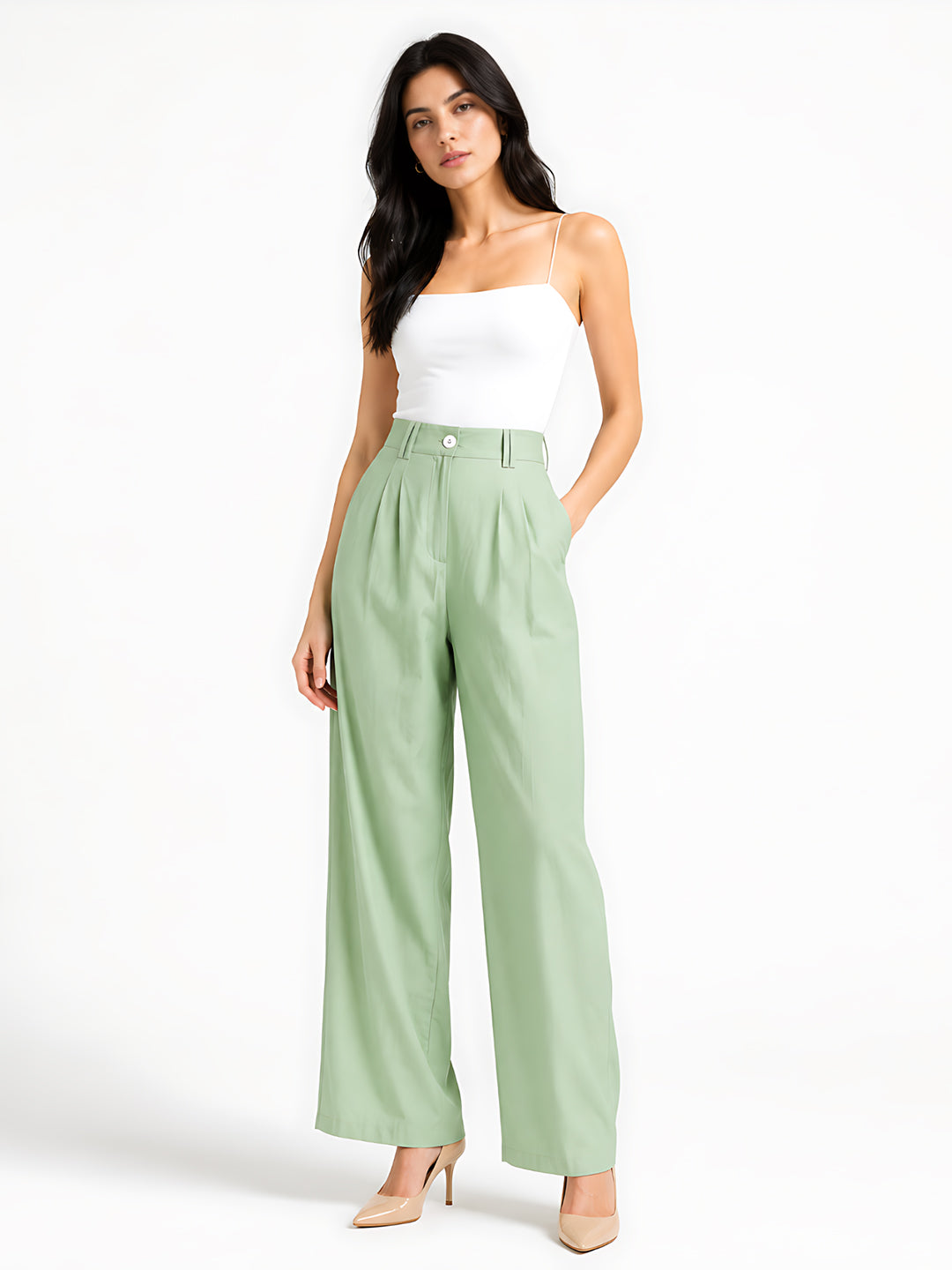 Green Solid Straight Palazzo