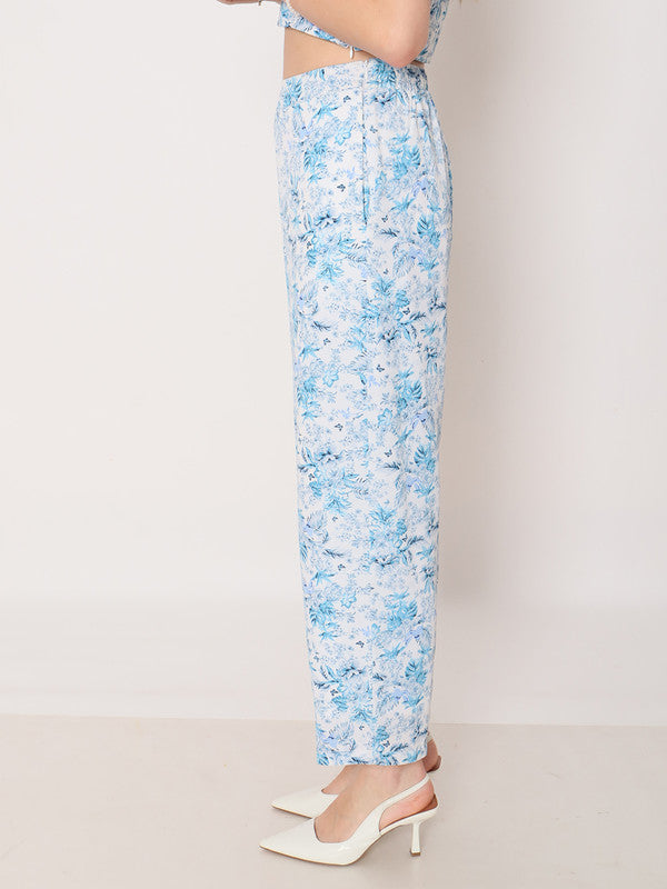 Blue Floral Print Straight Trouser-3