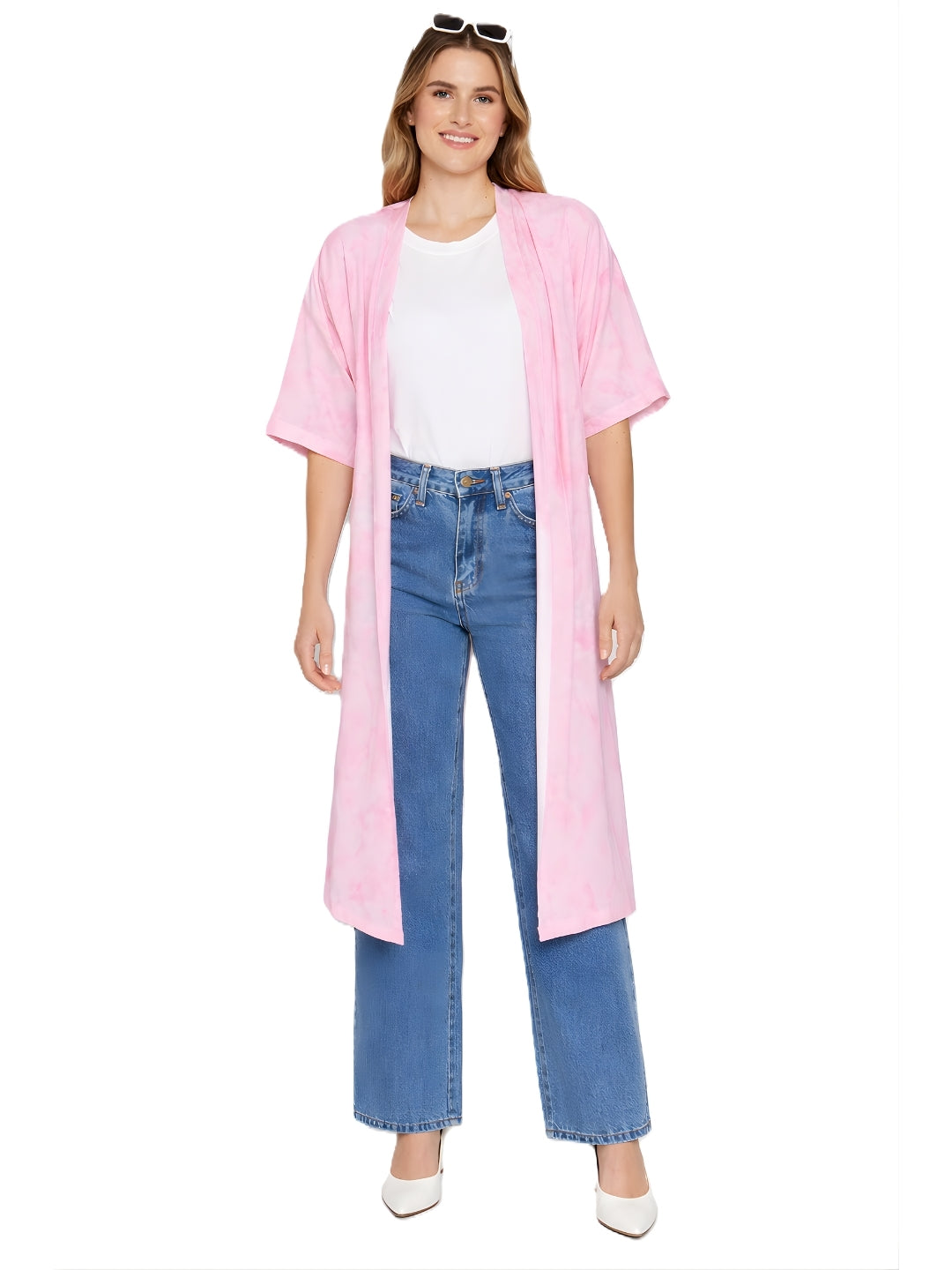 Pink Printed Flared Sleeve Shrug