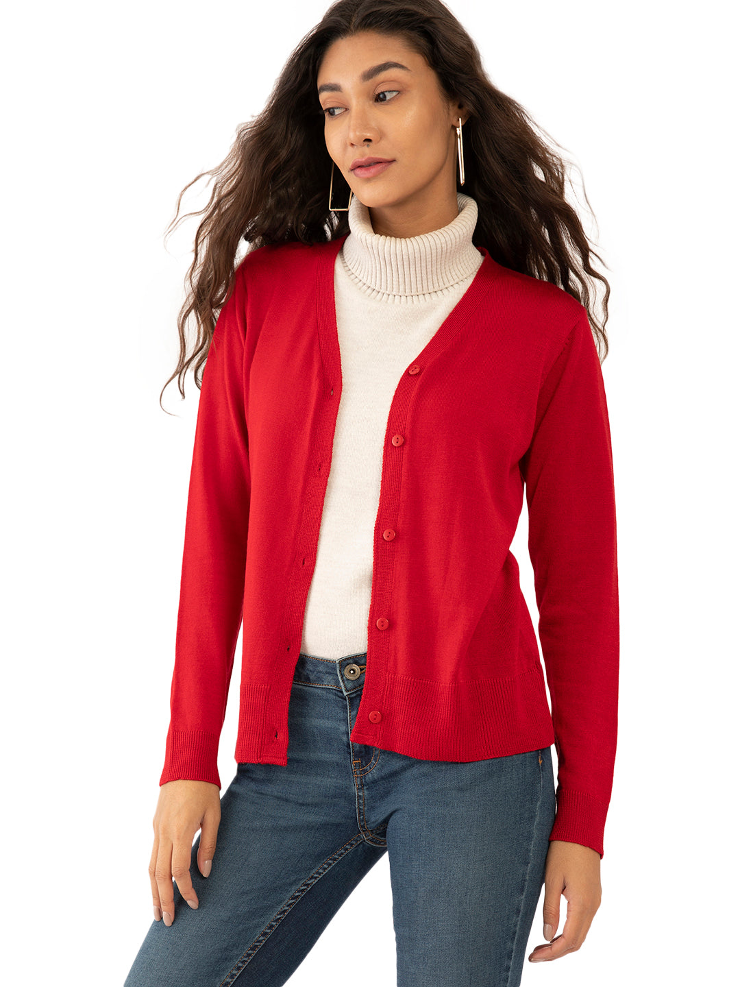 Red Solid Regular Cardigans