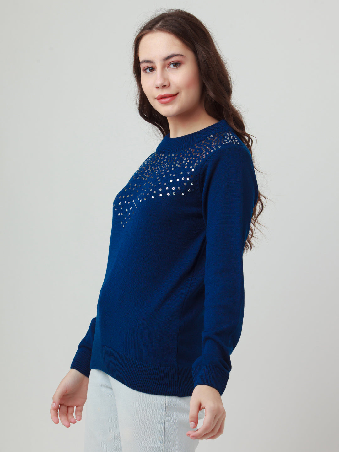 Blue Solid Straight Sweater