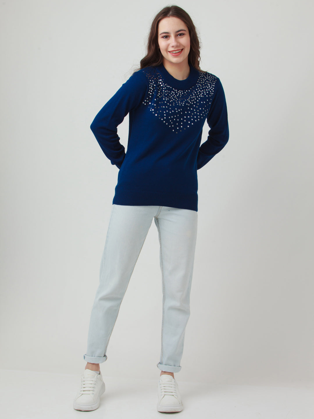 Blue Solid Straight Sweater
