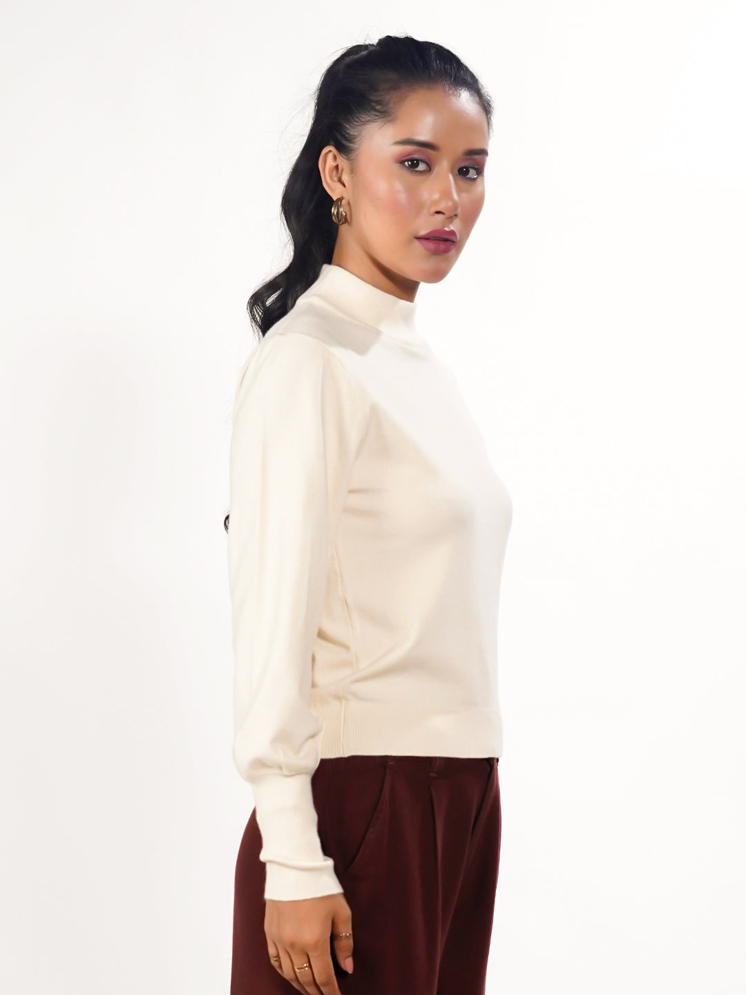 Off White Solid Slip-On Sweater