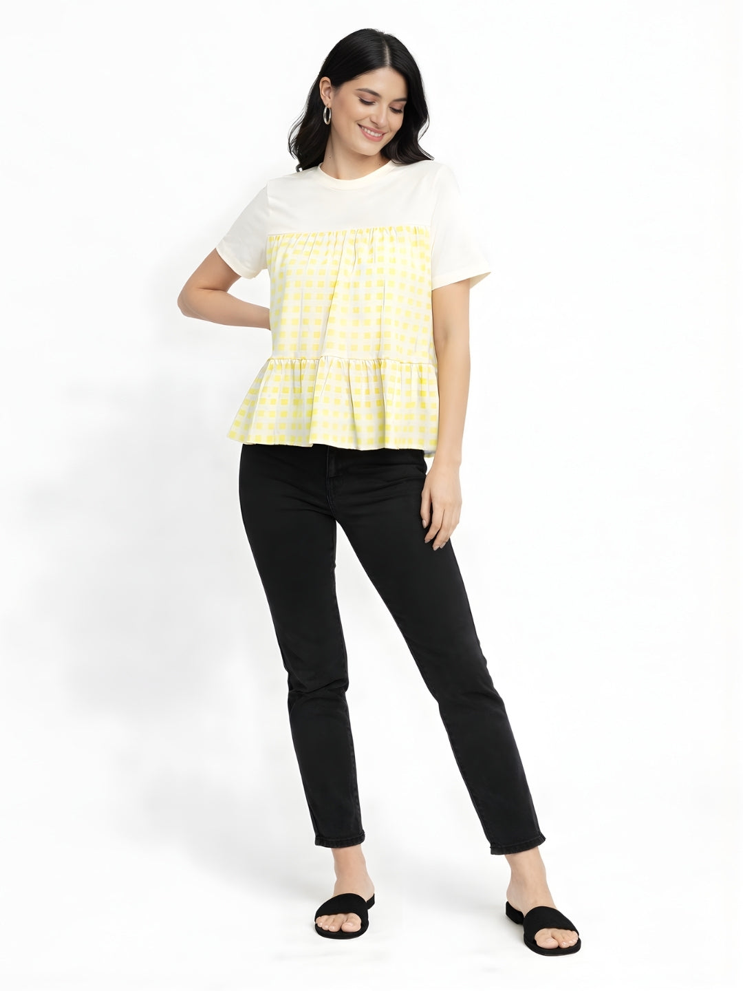 Off White Checked Short Sleeves Top