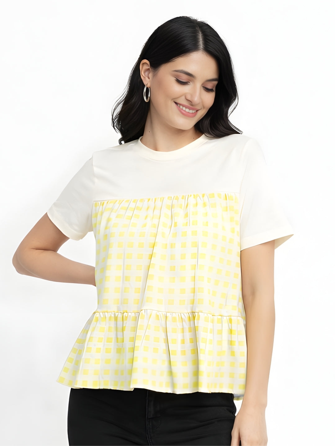 Off White Checked Short Sleeves Top
