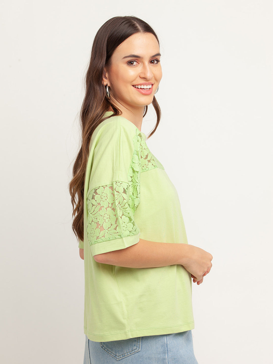 Green Solid Short Sleeves Top