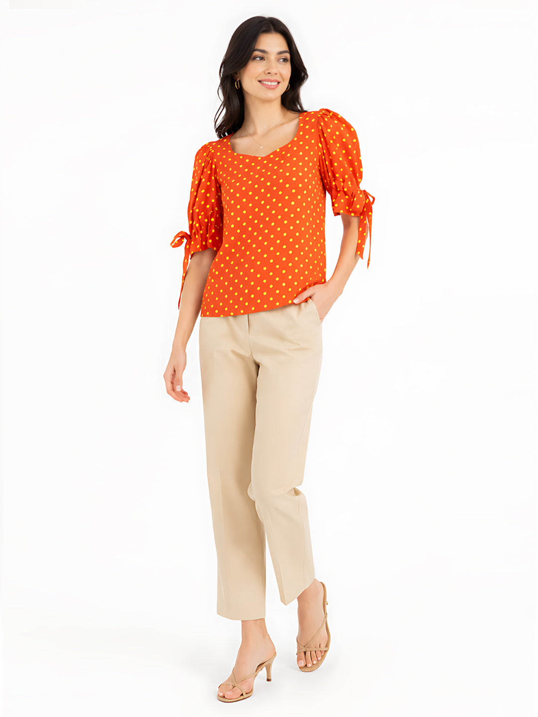 Orange Printed Puff Sleeve Top