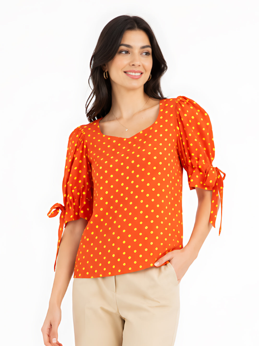 Orange Printed Puff Sleeve Top