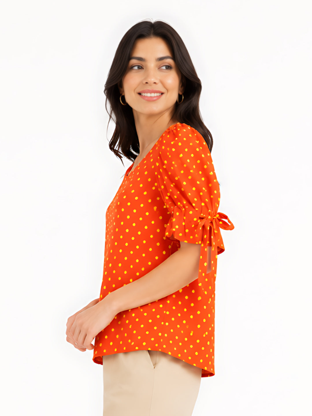 Orange Printed Puff Sleeve Top
