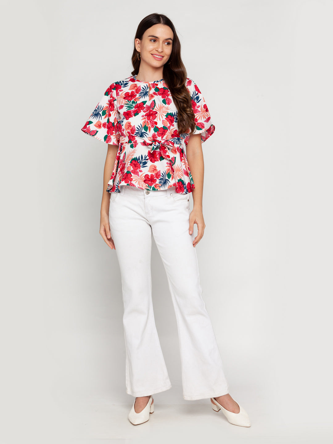 Off White Printed Tie-Up Top