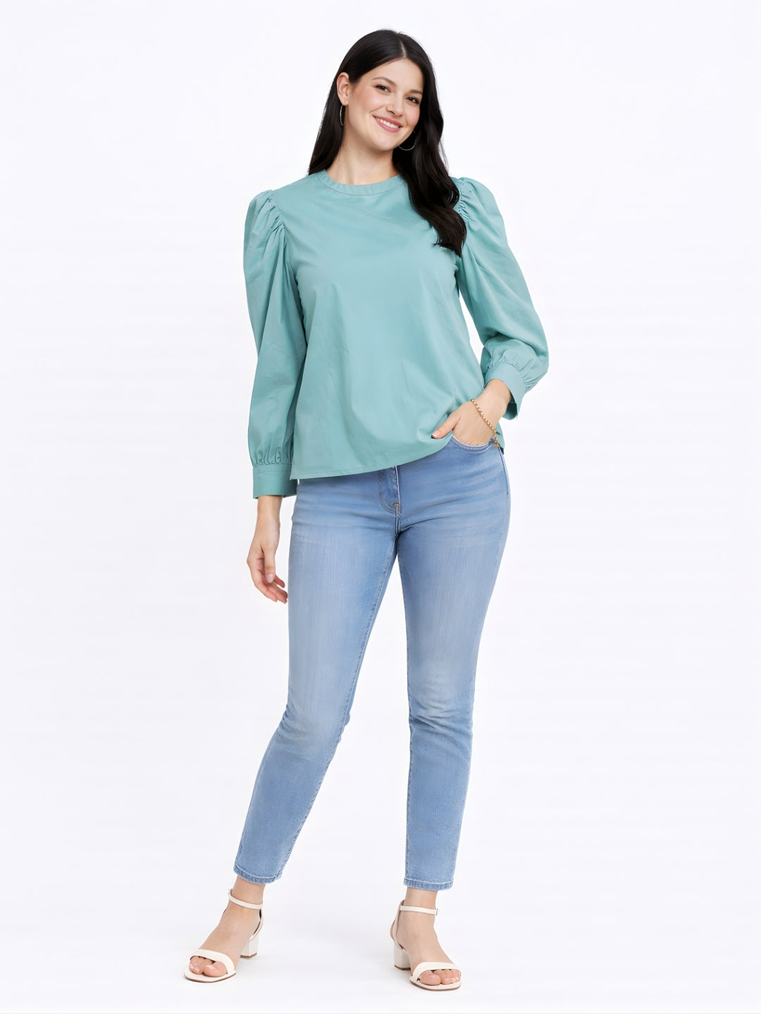 Green Solid Puff Sleeve Top