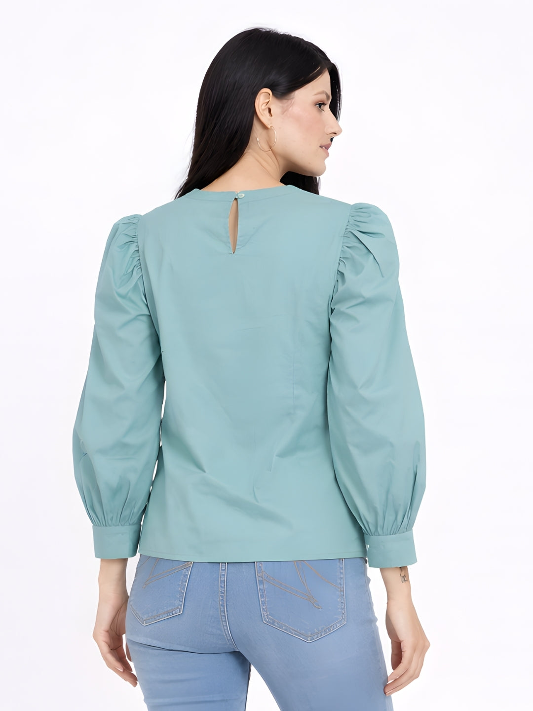Green Solid Puff Sleeve Top