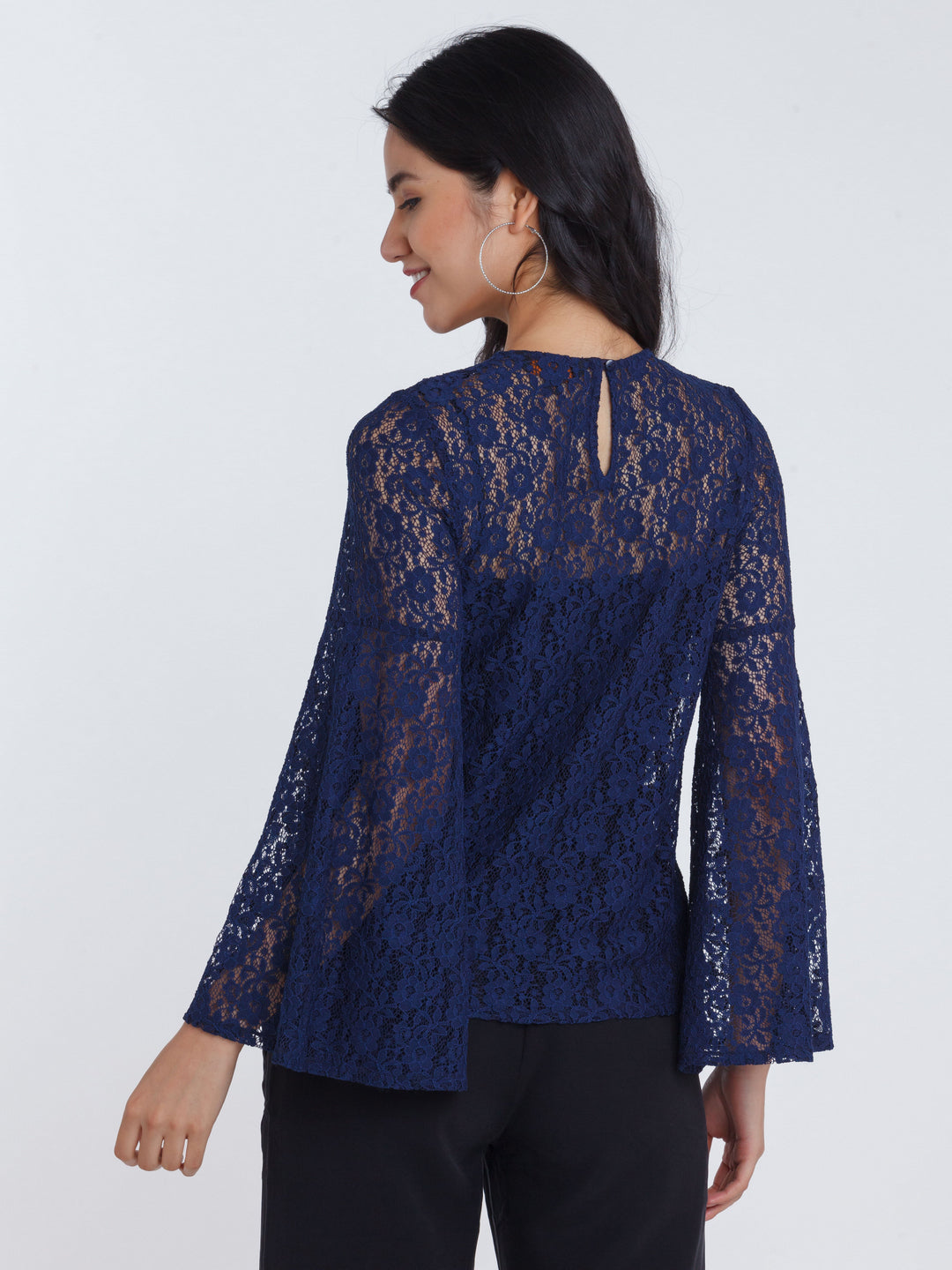 Navy Blue Lace Flared Sleeve Top