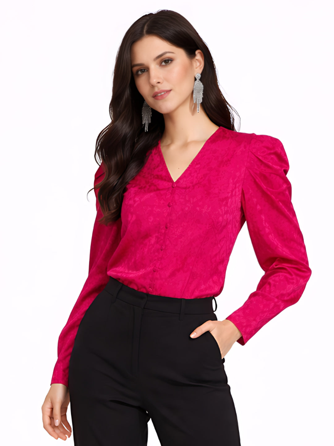 Magenta Self Design Puff Sleeve Top