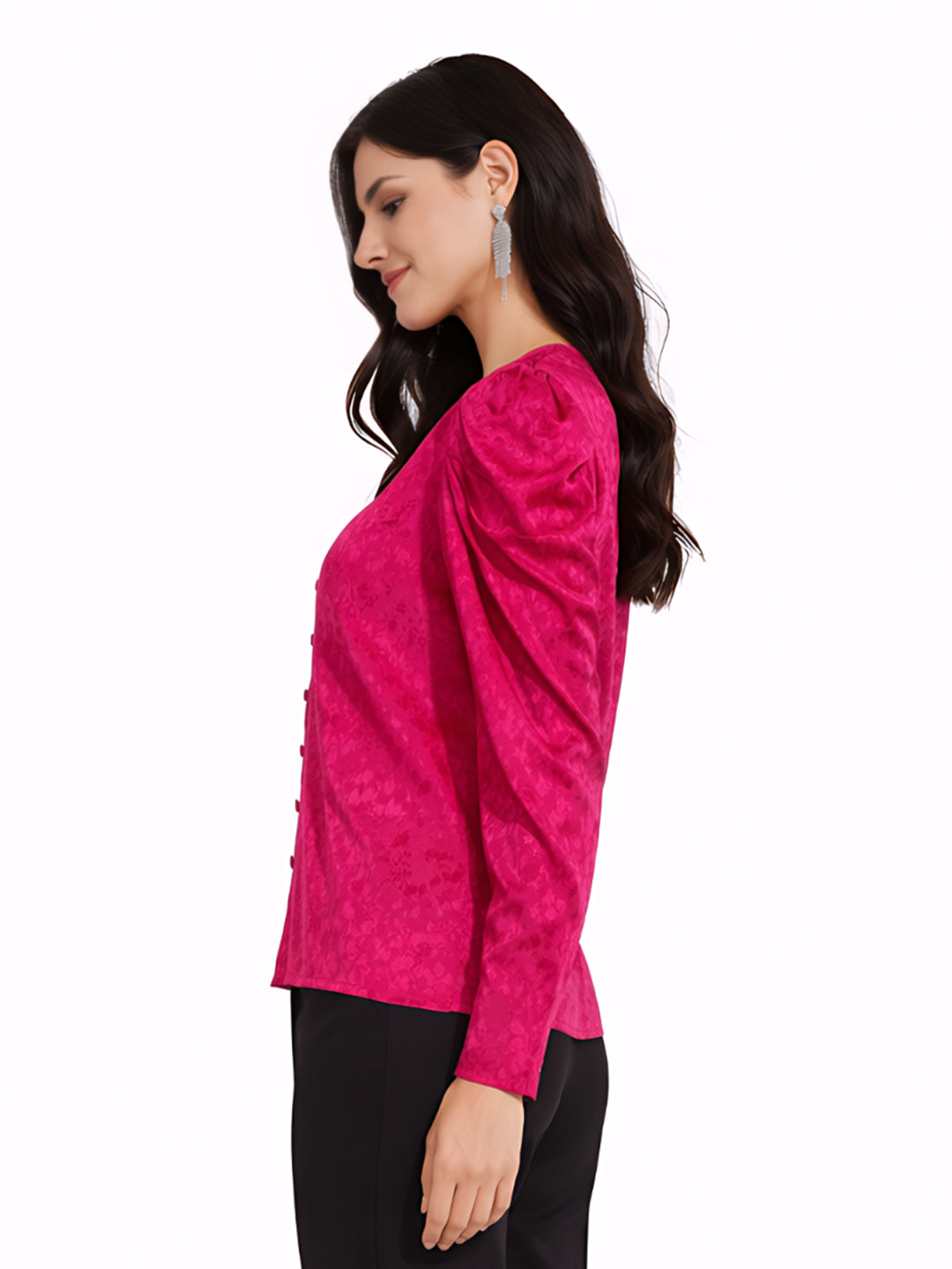 Magenta Self Design Puff Sleeve Top