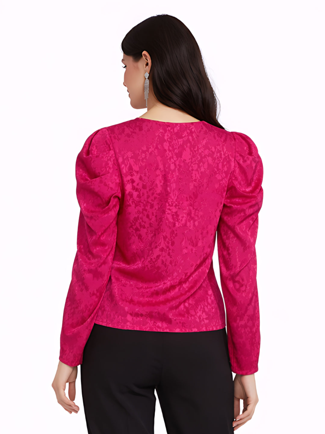 Magenta Self Design Puff Sleeve Top