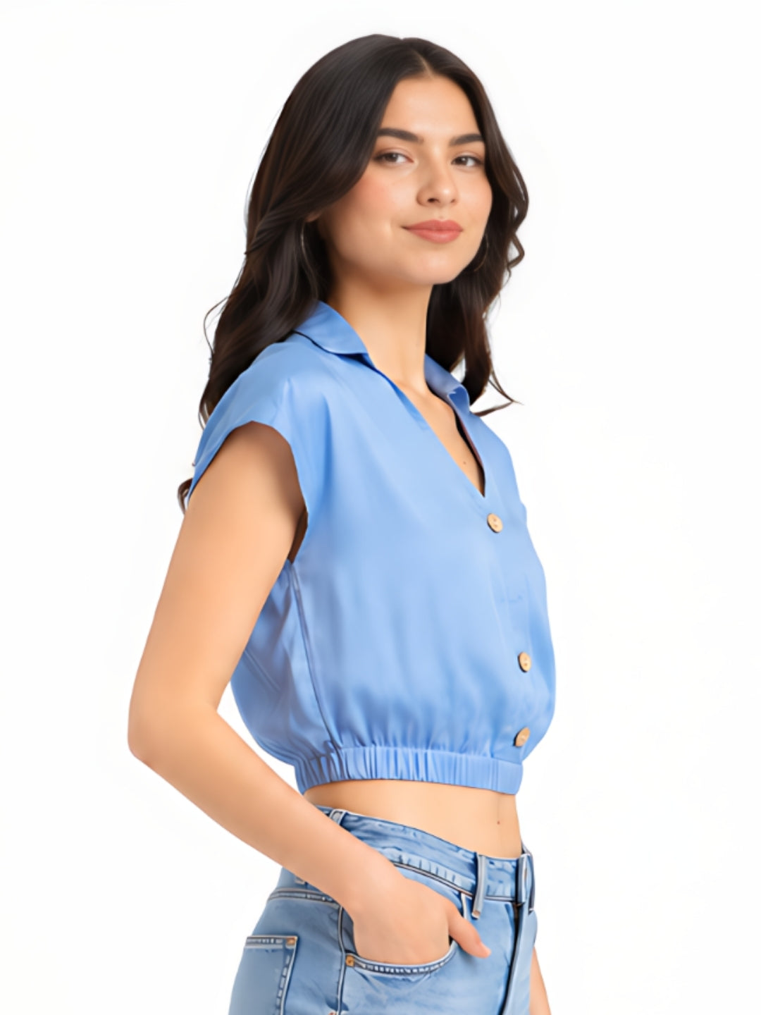Blue Solid Crop Top