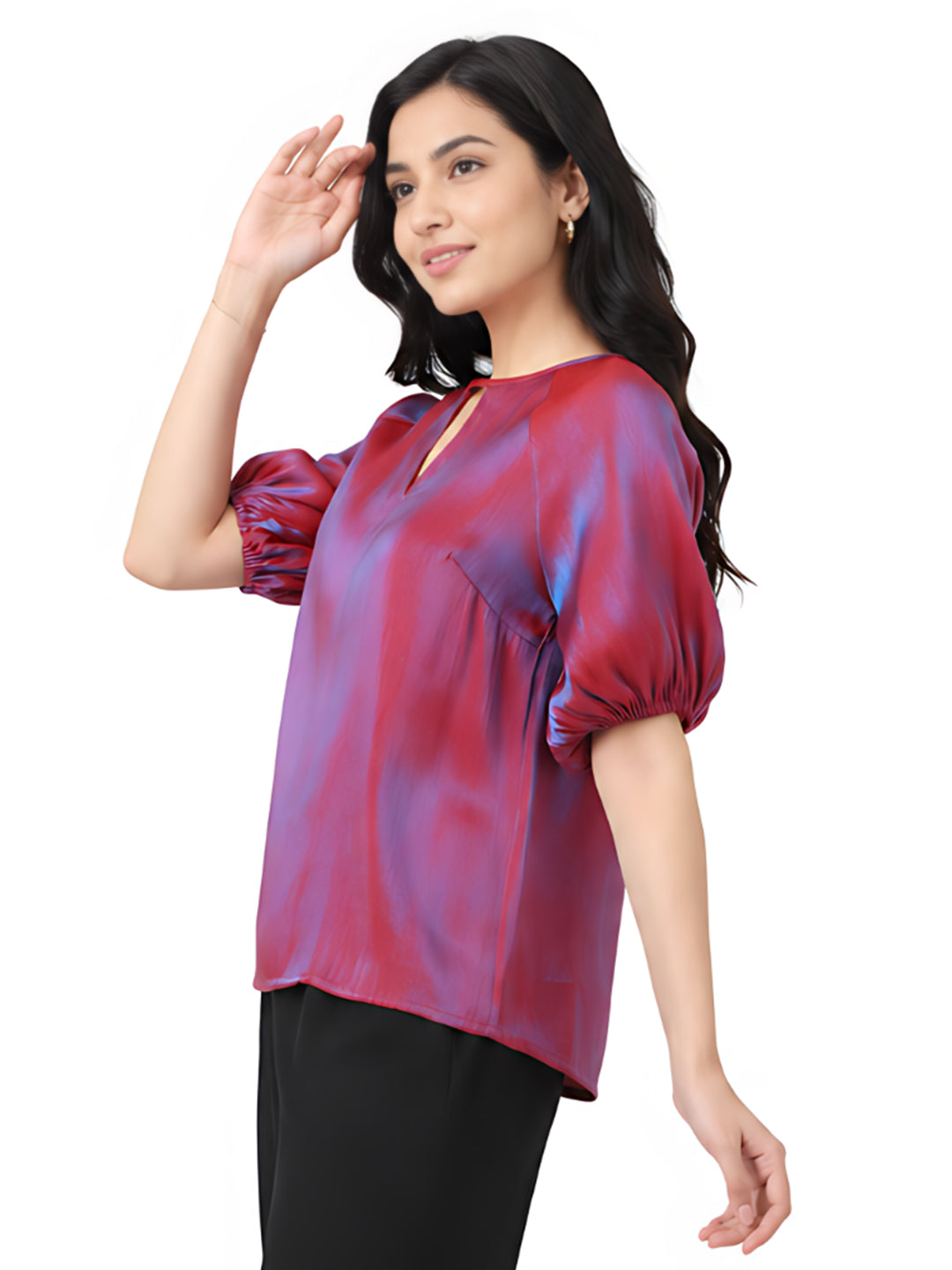 Red Solid Puff Sleeve Top