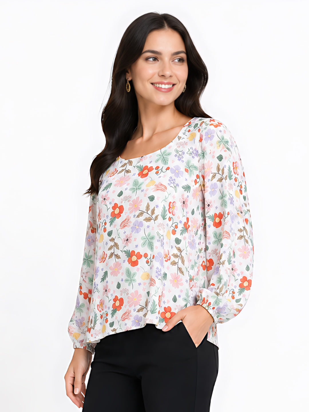 White Printed Puff Sleeve Top