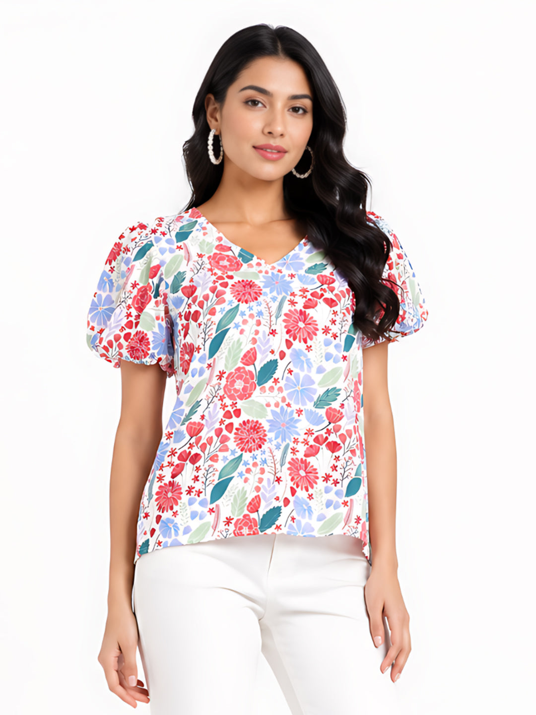 Multi Colored Printed Puff Sleeve Top