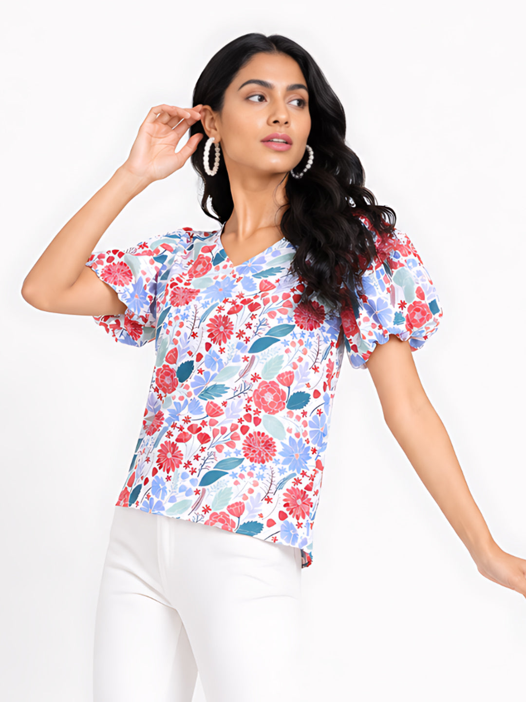 Multi Colored Printed Puff Sleeve Top