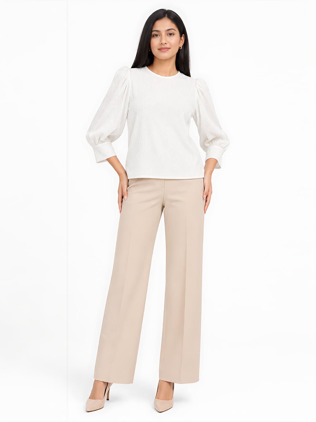 White Self Design Regular Top