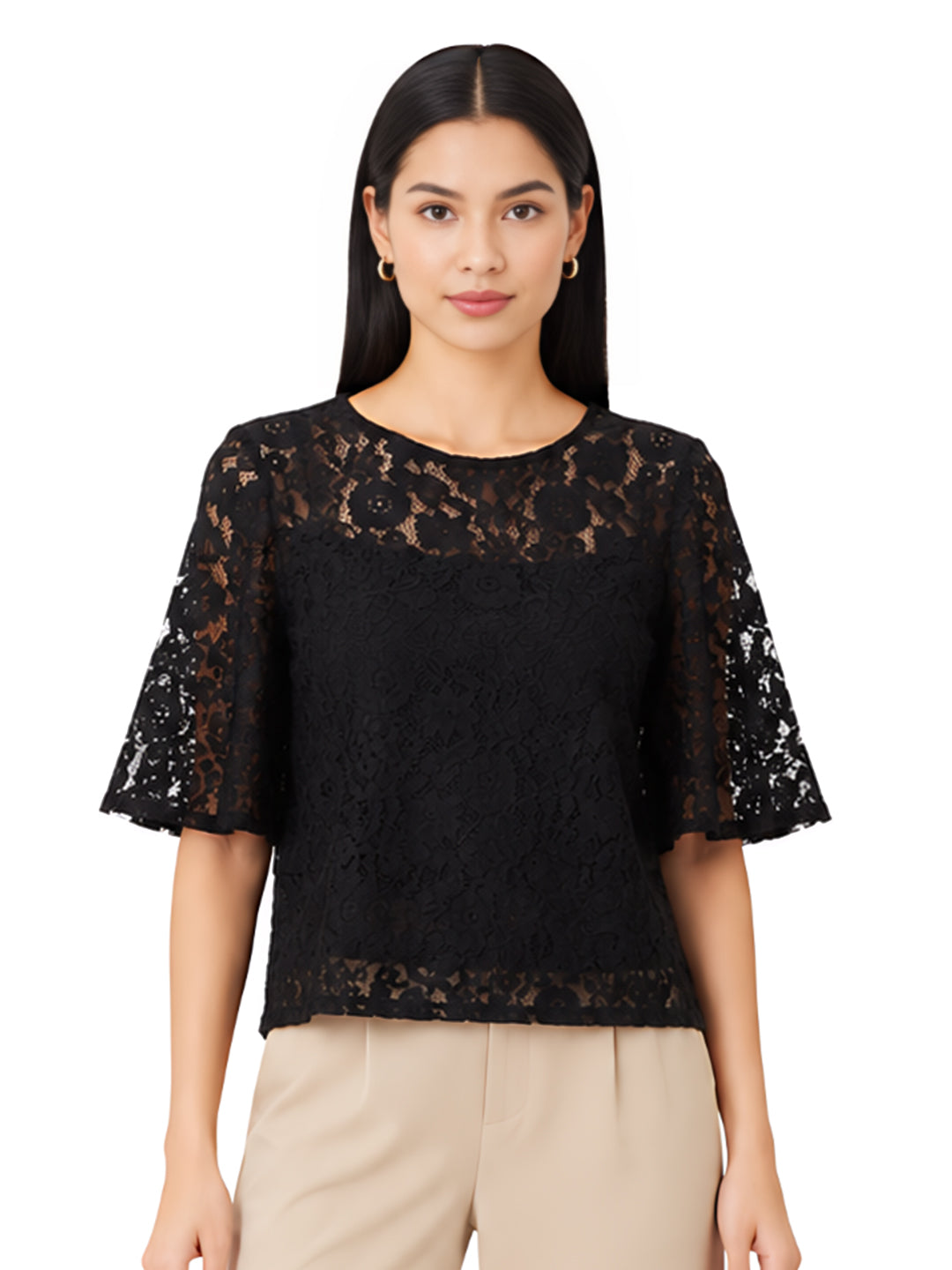 Black Self Designed Regular Top