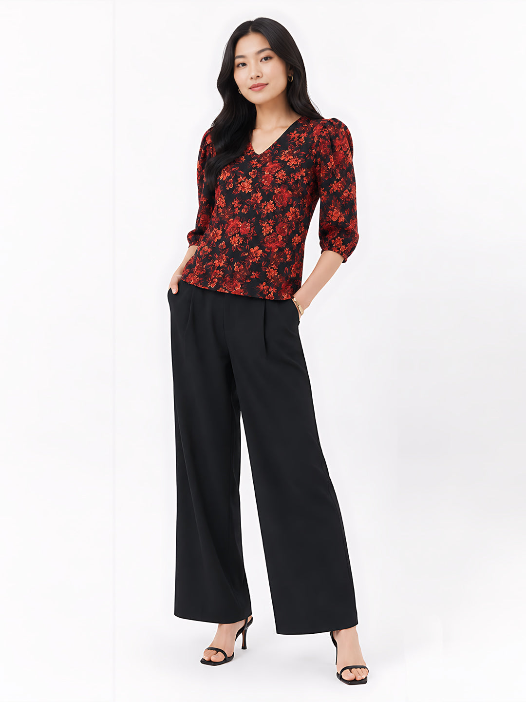 Black Floral Printed Basic Top