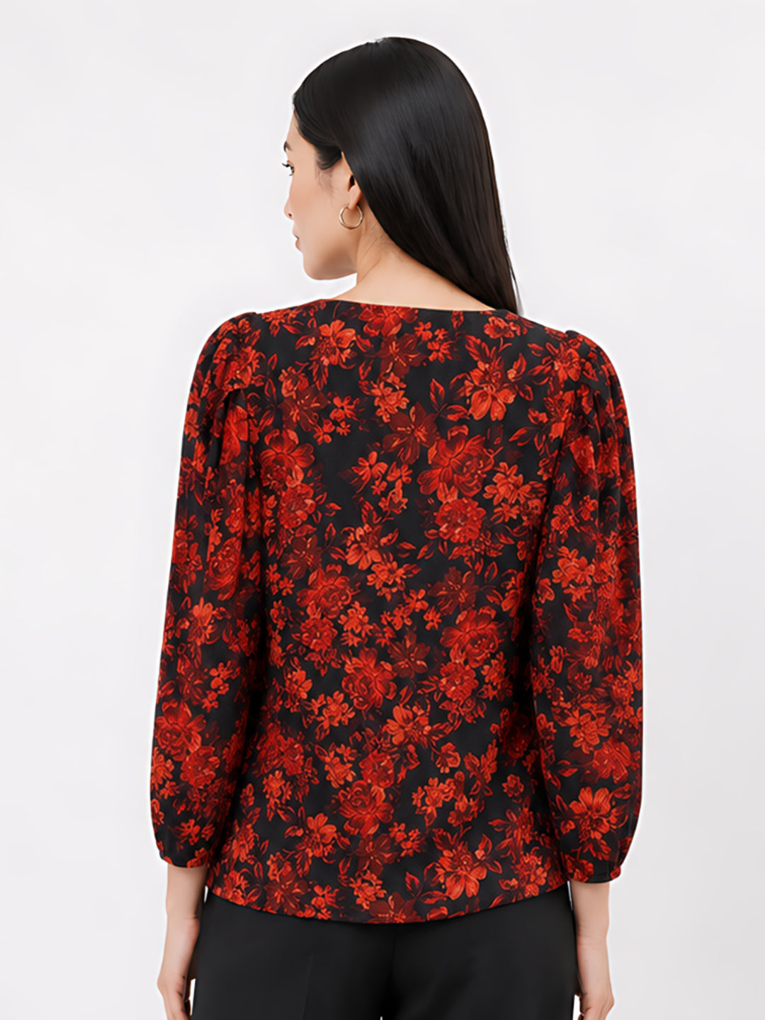 Black Floral Printed Basic Top