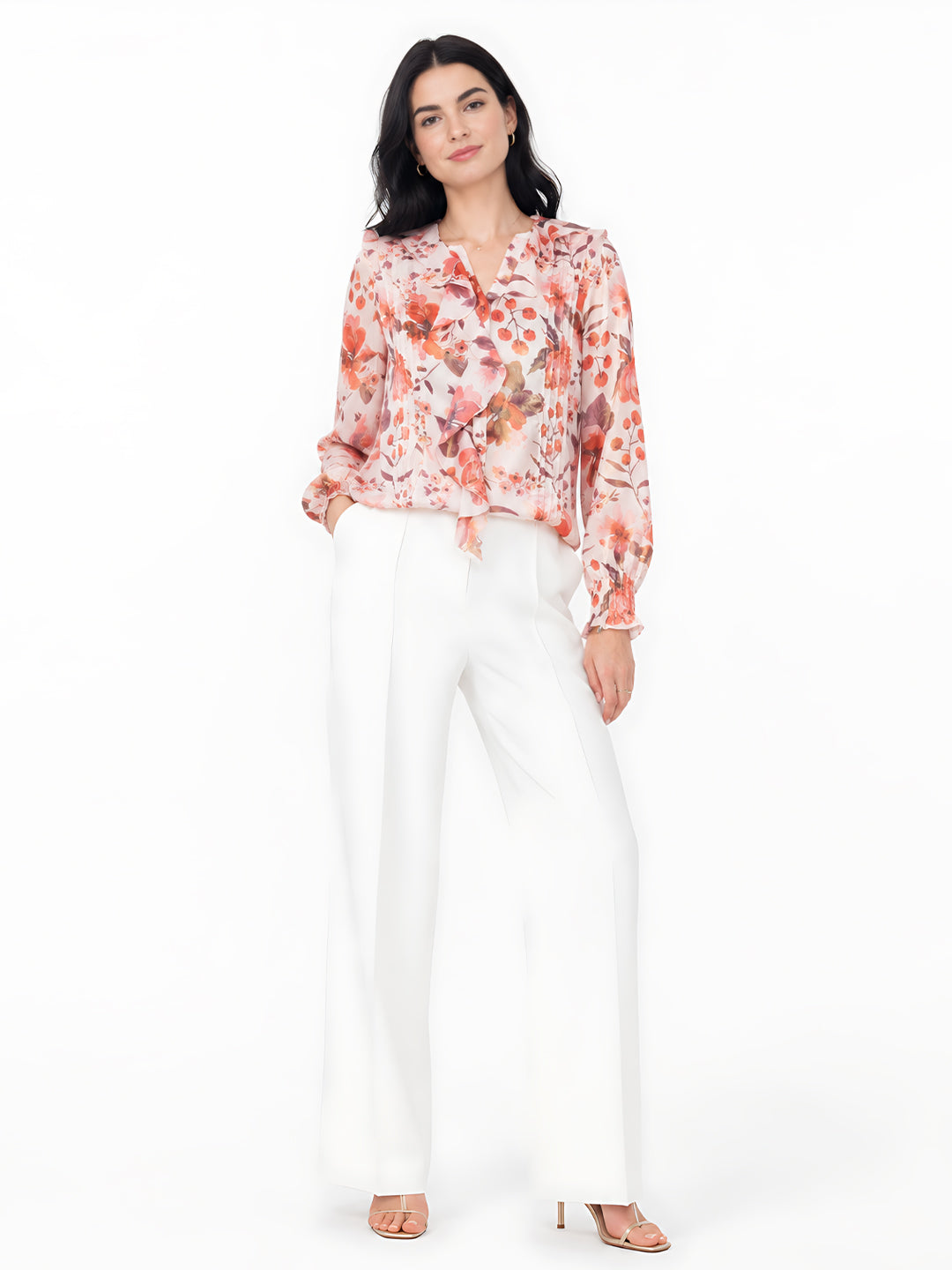 Pink Floral Print Shirt Style Top