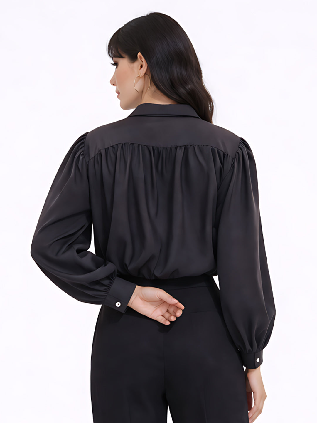 Black Solid Collar Neck Long Sleeves Top