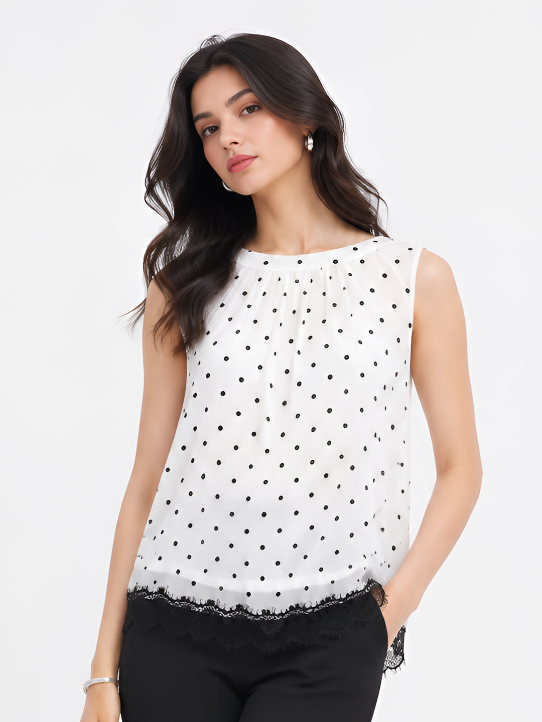 White Printed Sleeveless sleeve Round Neck Loose fit Blouses